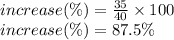 increase(\%) =  \frac{35}{40}  \times 100\\ increase(\%) = 87.5\%