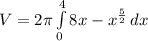 V = 2\pi \int\limits^4_0 {8x - x^{\frac{5}{2}}} \, dx