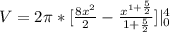 V = 2\pi  * [{\frac{8x^2}{2} - \frac{x^{1+\frac{5}{2}}}{1+\frac{5}{2}}]\vert^4_0
