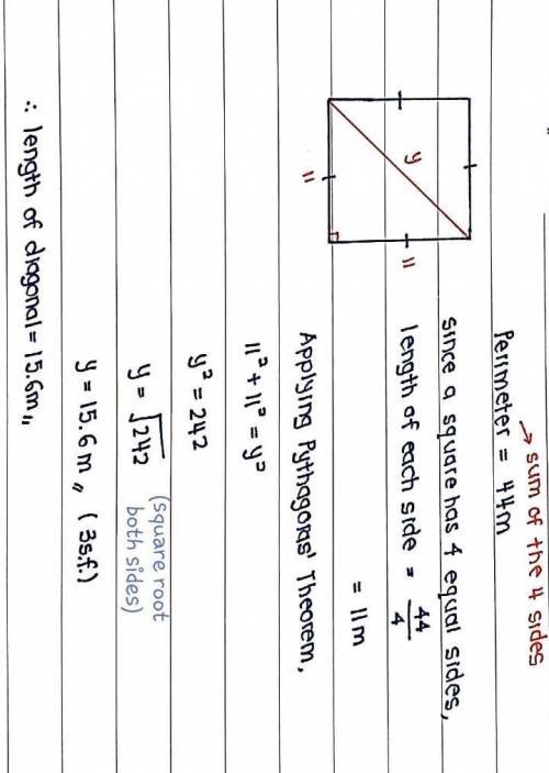 The perimeter of a square is 44 meters. Find the length of a diagonal of a square.