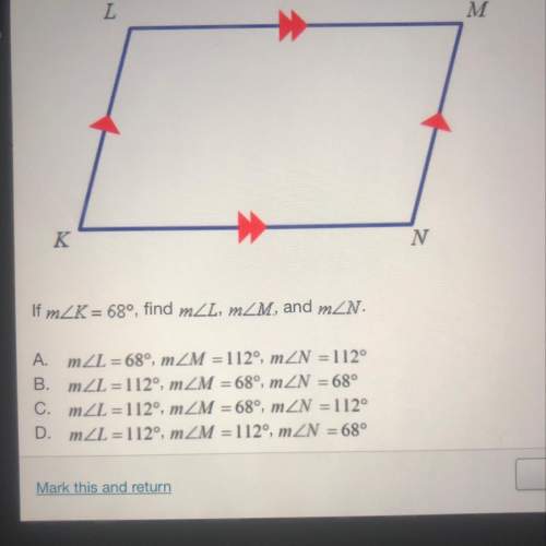 If m angle k=68, find m angle l, m angle m, and m angle n