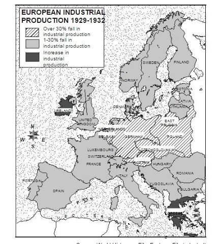 "based on this map, which region experienced the most severe drop in industrial production bet