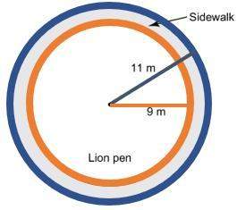 At a zoo, the lion pen has a ring-shaped sidewalk around it. the outer edge of the sidewalk is a cir