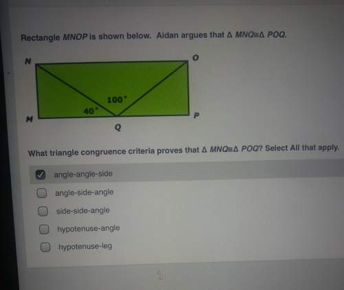 Rectangle mnop is shown below. aiden argues that mnq is congruent to poq. what triangle congruence c