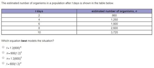 The estimated number of organisms in a population after t days is shown in the table below.