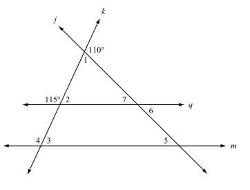 Parallel lines q and m are cut by transversal lines j and k.  1) what is the measure in