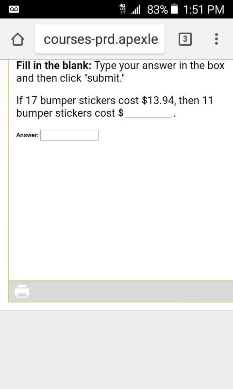 If 17 bumper stickers cost $13.94, then 11 bumper stickers cost?