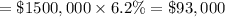 =\$ 1500,000 \times  6.2 \% = \$ 93,000\\