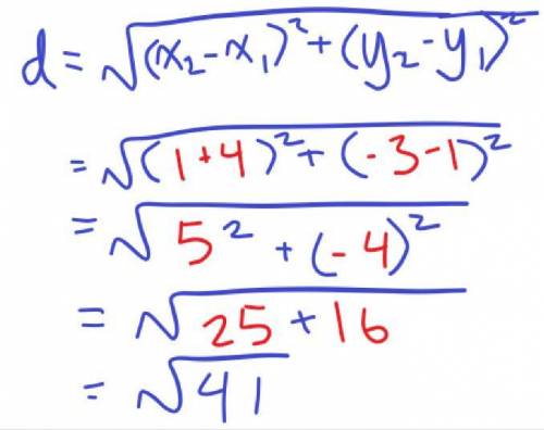 What is the distance between (-4,1) and (1, -3)?