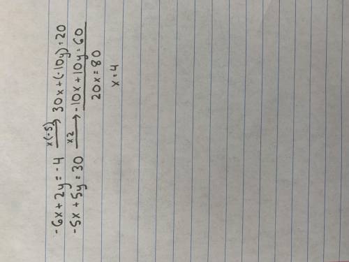 Solve the system of equations by elimination: -6x + 2y = -4 and -5x + 5y = 30