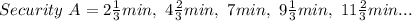 Security\ A = 2\frac{1}{3}min,\ 4\frac{2}{3}min,\ 7min,\ 9\frac{1}{3}min,\ 11\frac{2}{3}min...