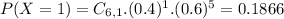 P(X = 1) = C_{6,1}.(0.4)^{1}.(0.6)^{5} = 0.1866