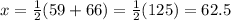 x = \frac{1}{2}(59+66) = \frac{1}{2}(125) = 62.5