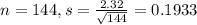 n = 144, s = \frac{2.32}{\sqrt{144}} = 0.1933