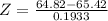 Z = \frac{64.82 - 65.42}{0.1933}