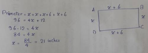 The length of a rectangle is 6 inches longer than the width. If the perimeter of the rectangle is 96