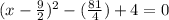 (x-\frac{9}{2} )^{2}  -(\frac{81}{4}) + 4=0
