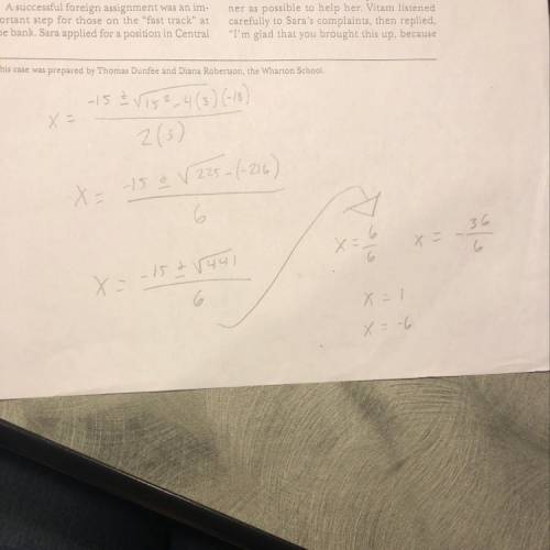 What are the solutions to the quadratic equation 3x^2+15x-18=0