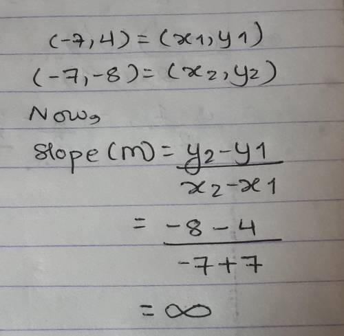 Find the slope of the line passing through the points (-7, 4) and (-7 -8).