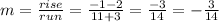 m=\frac{rise}{run}=\frac{-1-2}{11+3}=\frac{-3}{14}  = -\frac{3}{14}