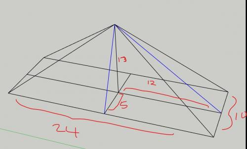 A pyramid has a rectangular base with edges of length 10 and 24. The vertex of the pyramid is direct