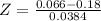 Z = \frac{0.066 - 0.18}{0.0384}