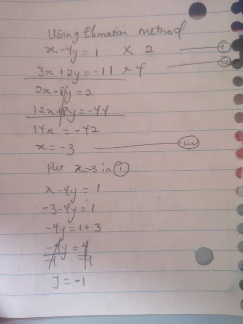 X - 4y = 1 and 3x + 2y = -11. What is the solution to the system of equations?