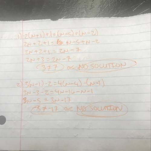 Solve these equations:  1. 2(n+1)+1=(n-5)+(n-2) 2. 3(n-1)-2=4(n--1)