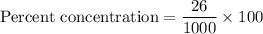 \text{Percent concentration}=\dfrac{26}{1000}\times 100