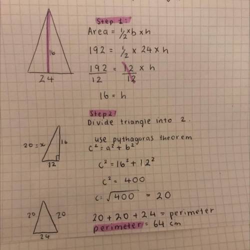 The base of an isosceles triangle is 24cm and its area is 192 sq.cm . Find its perimeter​