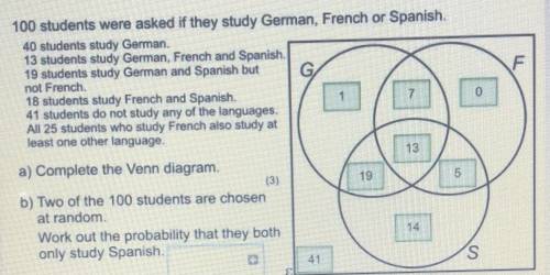 100 students were asked if they study German, French or Spanish.40 students study German.13 students