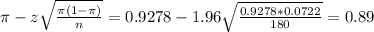\pi - z\sqrt{\frac{\pi(1-\pi)}{n}} = 0.9278 - 1.96\sqrt{\frac{0.9278*0.0722}{180}} = 0.89