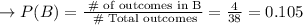 \to P(B) = \frac{ \text{ \# of outcomes in B}}{\text{ \# Total outcomes}} = \frac{4}{38} = 0.105