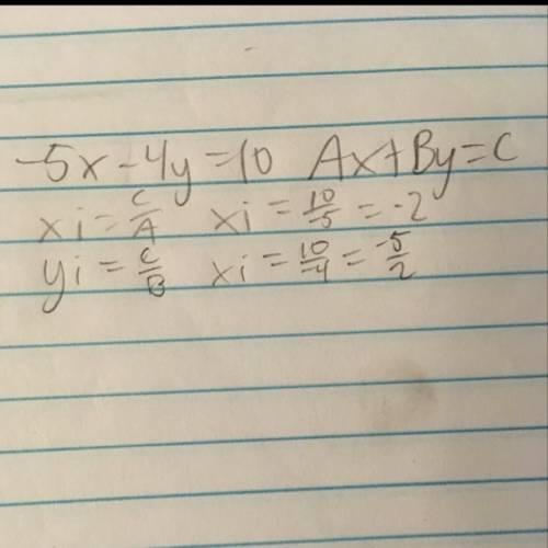 −5x−4y=10 what is the y and x intercept