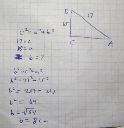In right triangle ABC, angle C is a right angle, AB = 17 and BC = 15.
What is the length of AC?