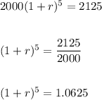 2000(1+r)^5=2125\\\\\\ (1+r)^5=\dfrac{2125}{2000}\\\\\\ (1+r)^5=1.0625