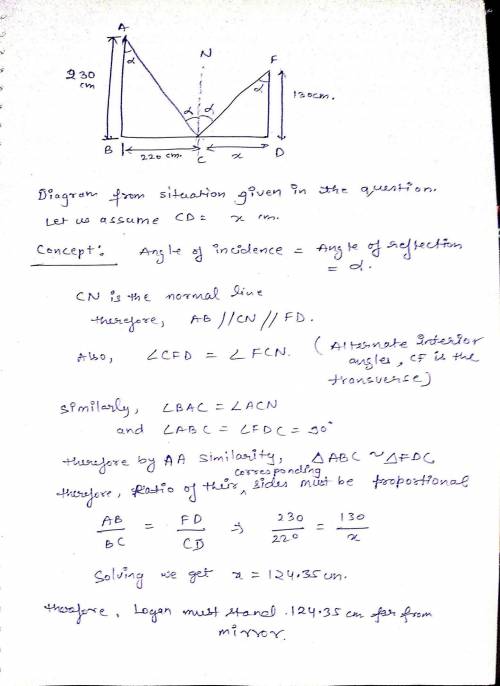 10. Logan places a mirror on the floor 220 cm from the base of a wall. He holds a flashlight 130 cm