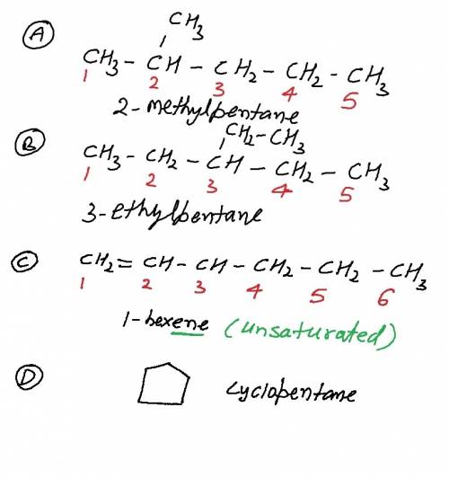 Which hydrocarbon is an unsaturated hydrocarbon?  a. 2-methylheptane b. 3-ethylpentane c. 1-hexene d