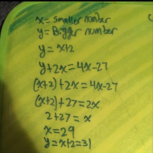 Find two consecutive odd numbers such that the sum of the larger number and twice the smaller number