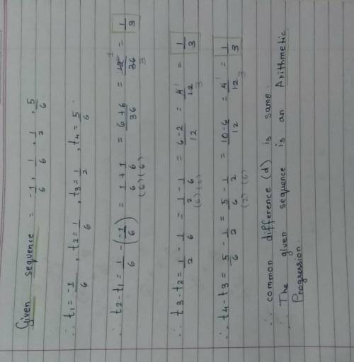 -1/6,1/6,1/2,5/6
Is this sequence arithmetic, and if so, what is the common difference?