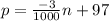 p =  \frac{ - 3}{1000} n + 97