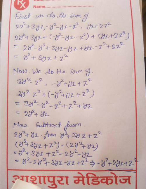Find the sum of 2y²+3yz-y²-yz-z²+6zy-3y² please help STEP explanation ​