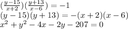 (\frac{y-15}{x+2} )(\frac{y+13}{x-6})=-1\\ (y-15)(y+13)=-(x+2)(x-6)\\x^2+y^2-4x-2y-207=0