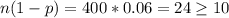 n(1-p) = 400*0.06 = 24 \geq 10