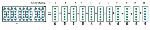 How can you model how to find the answer to 55 divided by 5 to young child?  explain.