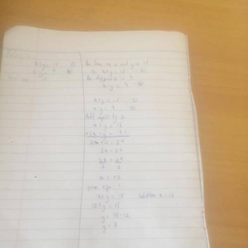 The sum of the real numbers x and y is 15. Their difference is 9. What is the value of xy?