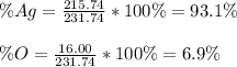 \% Ag=\frac{215.74}{231.74} *100\%=93.1\%\\\\\% O=\frac{16.00}{231.74} *100\%=6.9\%