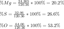\% Mg=\frac{24.305}{120.36 } *100\%=20.2\%\\\\\% S=\frac{32.06}{120.36 } *100\%=26.6\%\\\\\% O=\frac{64.00}{120.36 } *100\%=53.2\%