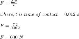 F = \frac{\Delta P }{t} \\\\where; t \ is \ time \ of \ contact= 0.012 \ s\\\\F = \frac{7.2}{0.012} \\\\F = 600 \ N