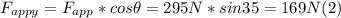 F_{appy} = F_{app} * cos \theta = 295 N * sin 35 = 169 N  (2)